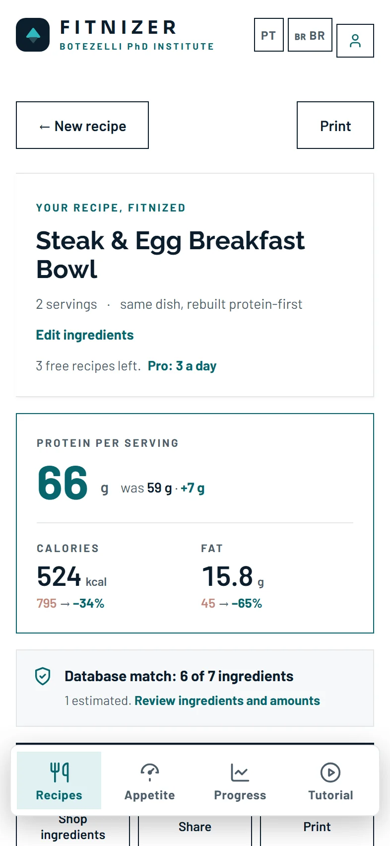 The Fitnized result: protein per serving, calories and fat
