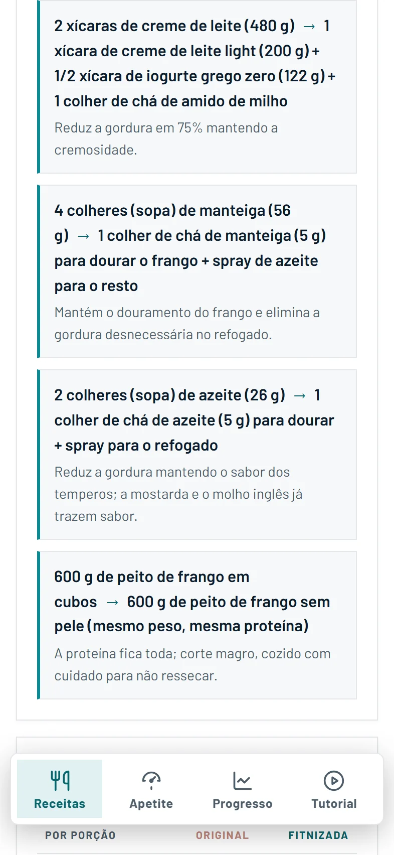 O que o Fitnizer trocou e por quê: cada troca mantém a proteína e corta a gordura