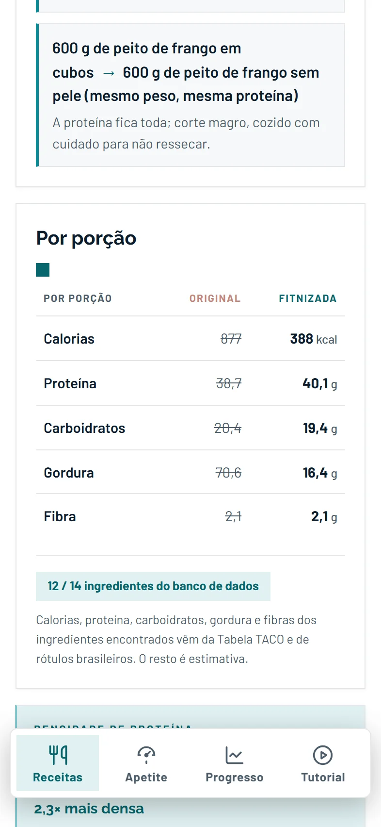 Tabela de macros por porção, original e Fitnizado lado a lado