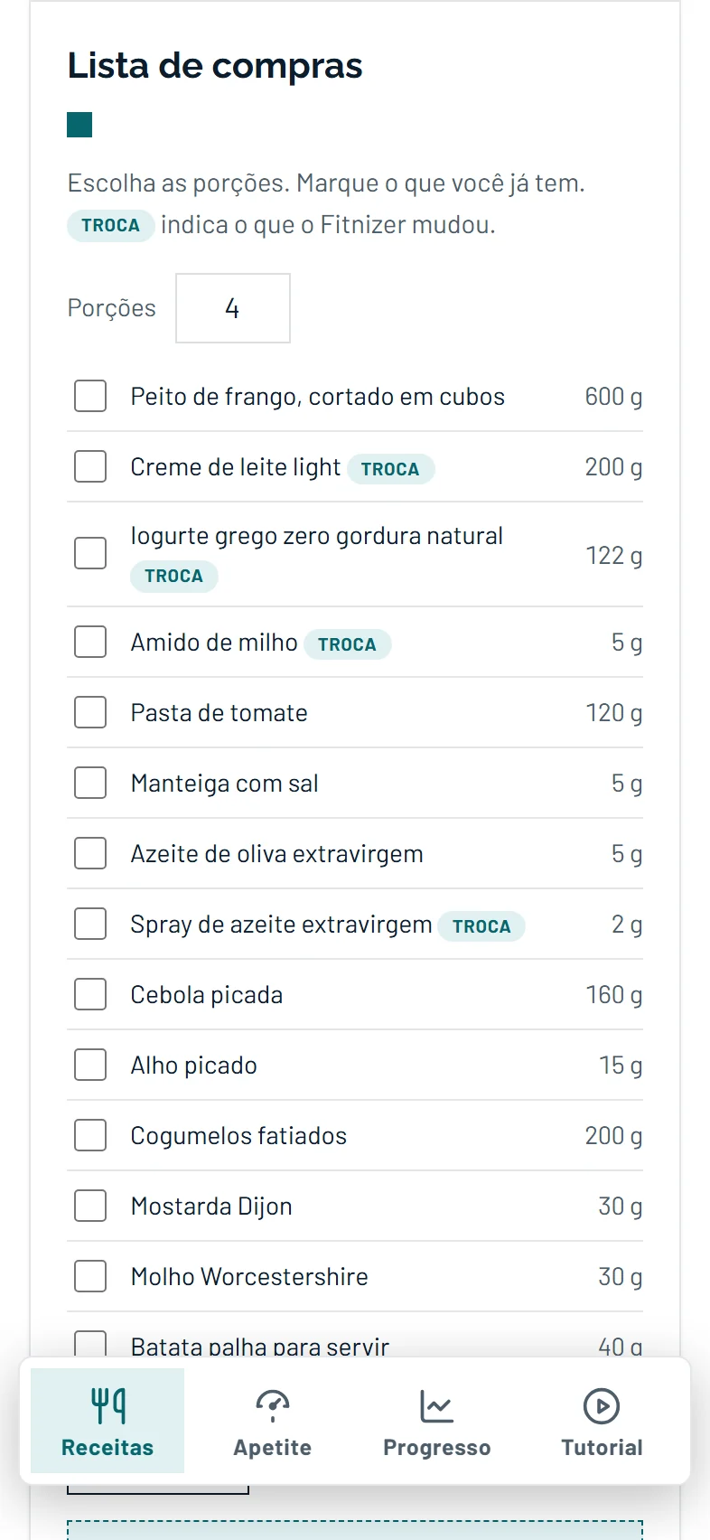 Lista de compras no Fitnizer: porções, ingredientes e os botões de copiar e imprimir