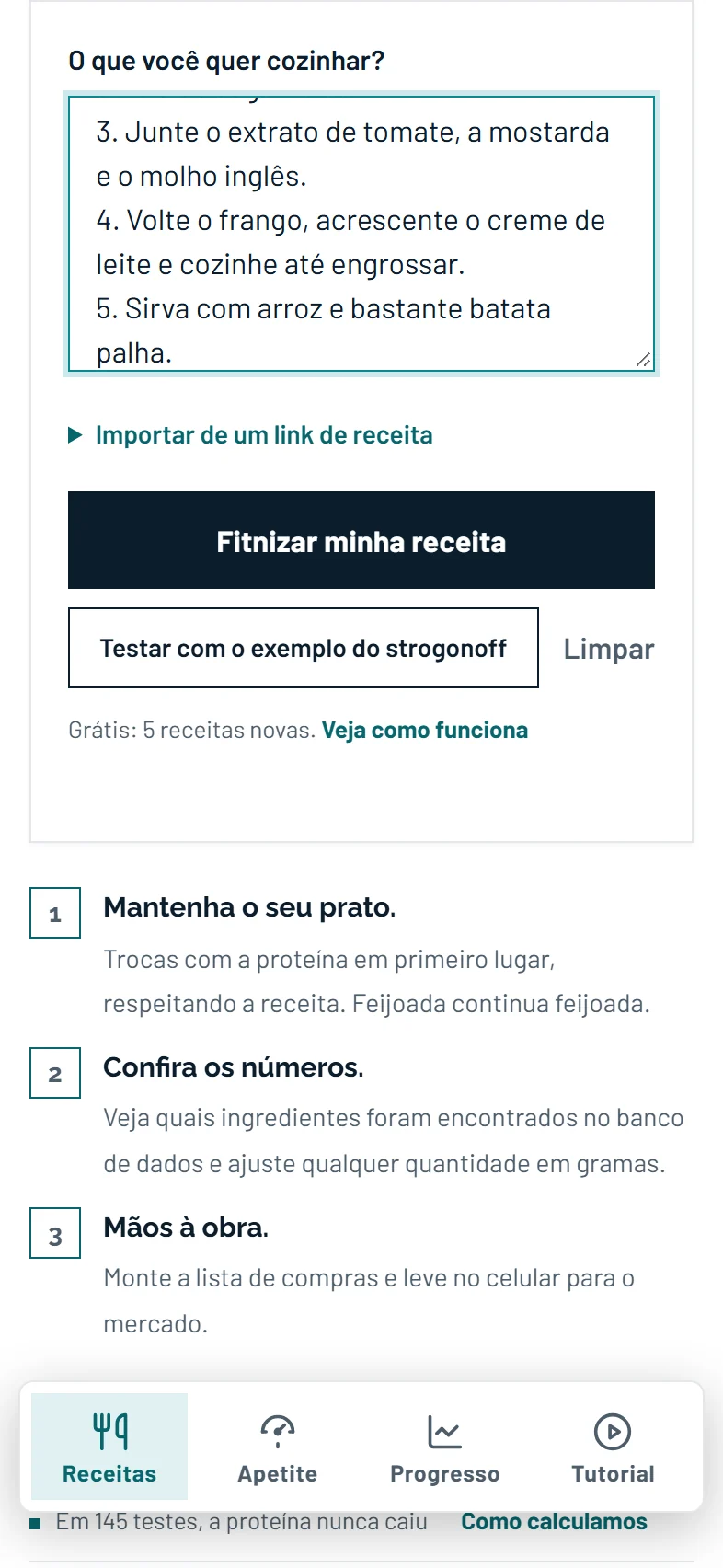 Colando uma receita no Fitnizer
