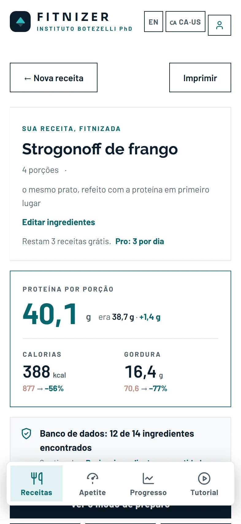 O resultado Fitnizado: proteína por porção, calorias e gordura