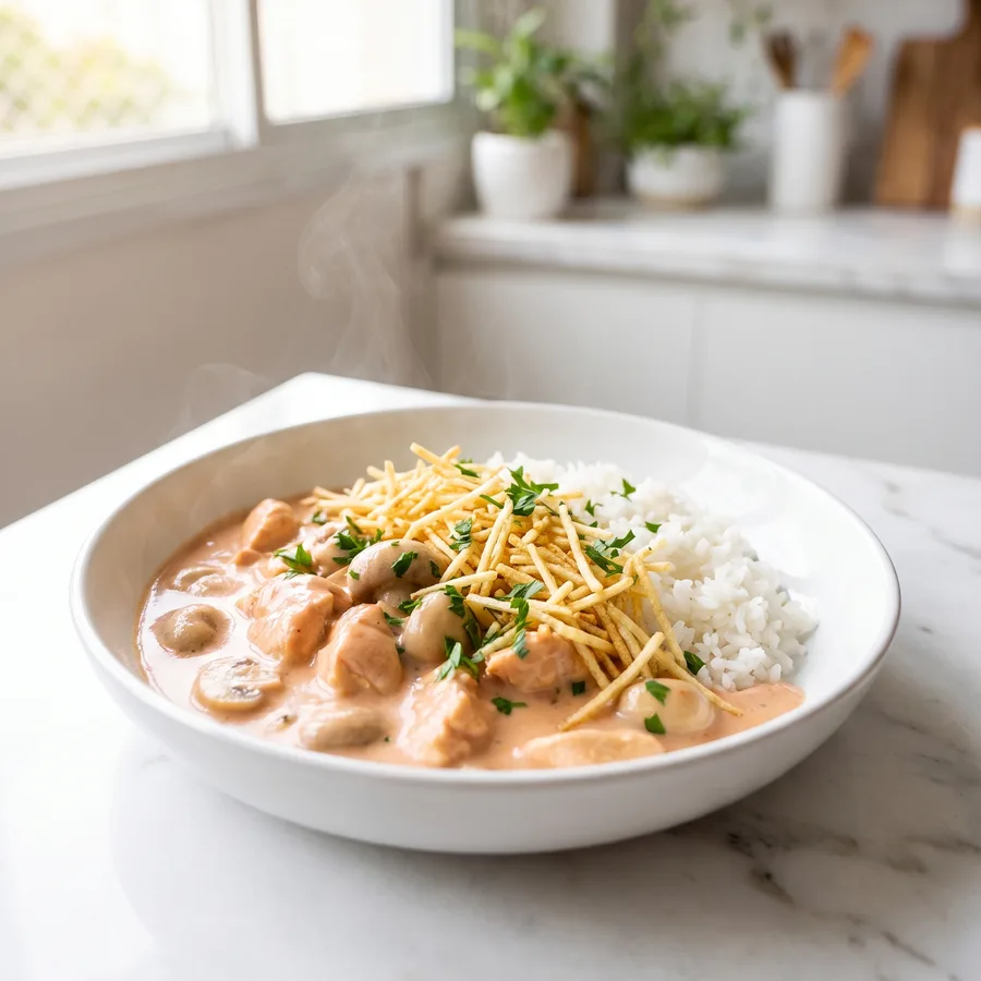 Strogonoff de frango com arroz e batata palha